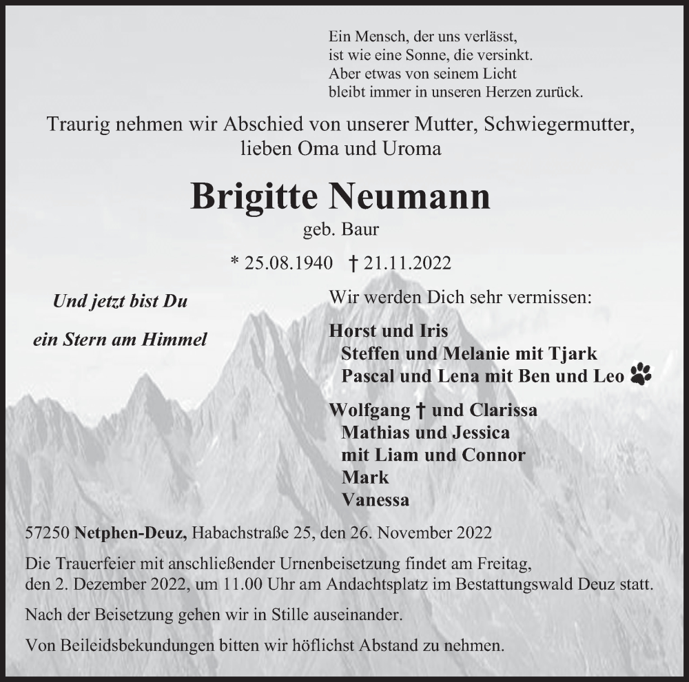  Traueranzeige für Brigitte Neumann vom 26.11.2022 aus Siegener Zeitung