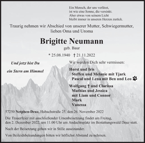Traueranzeige von Brigitte Neumann von Siegener Zeitung