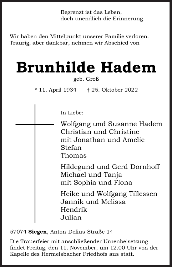 Traueranzeige von Brunhilde Hadem von Siegener Zeitung