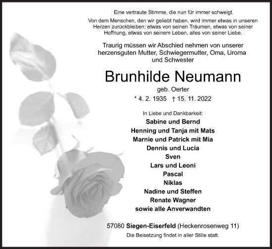 Traueranzeige von Brunhilde Neumann von Siegener Zeitung