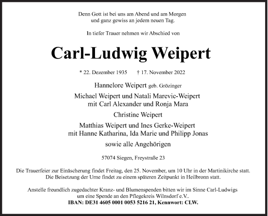 Traueranzeige von Carl-Ludwig Weipert von Siegener Zeitung