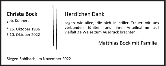 Traueranzeige von Christa Bock von Siegener Zeitung