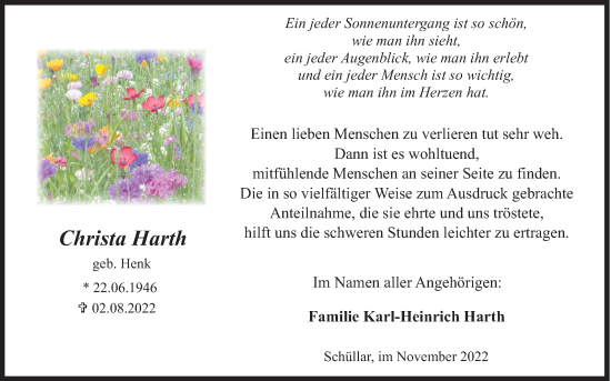 Traueranzeige von Christa Harth von Siegener Zeitung
