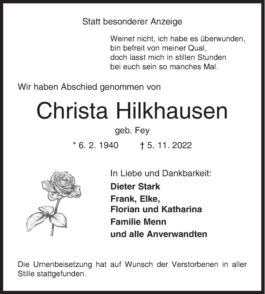  Traueranzeige für Christa Hilkhausen vom 18.11.2022 aus Siegener Zeitung