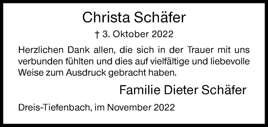 Traueranzeige von Christa Schäfer von Siegener Zeitung