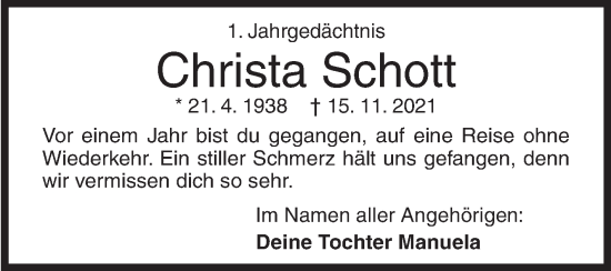 Traueranzeige von Christa Schott von Siegener Zeitung