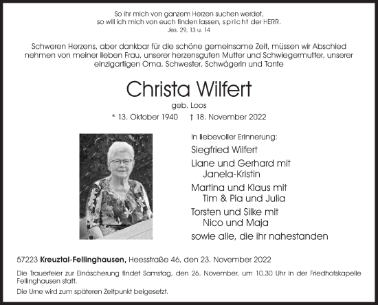 Traueranzeige von Christa Wilfert von Siegener Zeitung