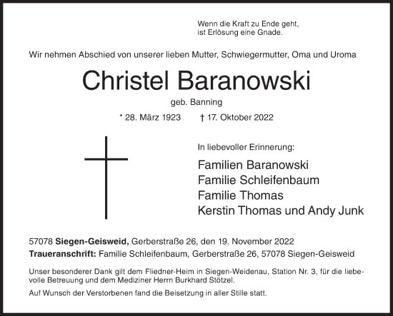 Traueranzeige von Christel Baranowski von Siegener Zeitung
