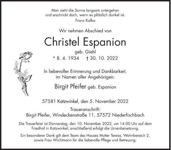 Traueranzeige von Christel Espanion von Siegener Zeitung