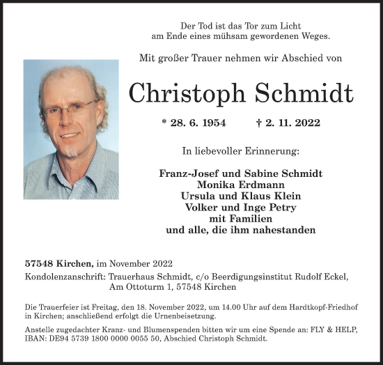 Traueranzeige von Christoph Schmidt von Siegener Zeitung