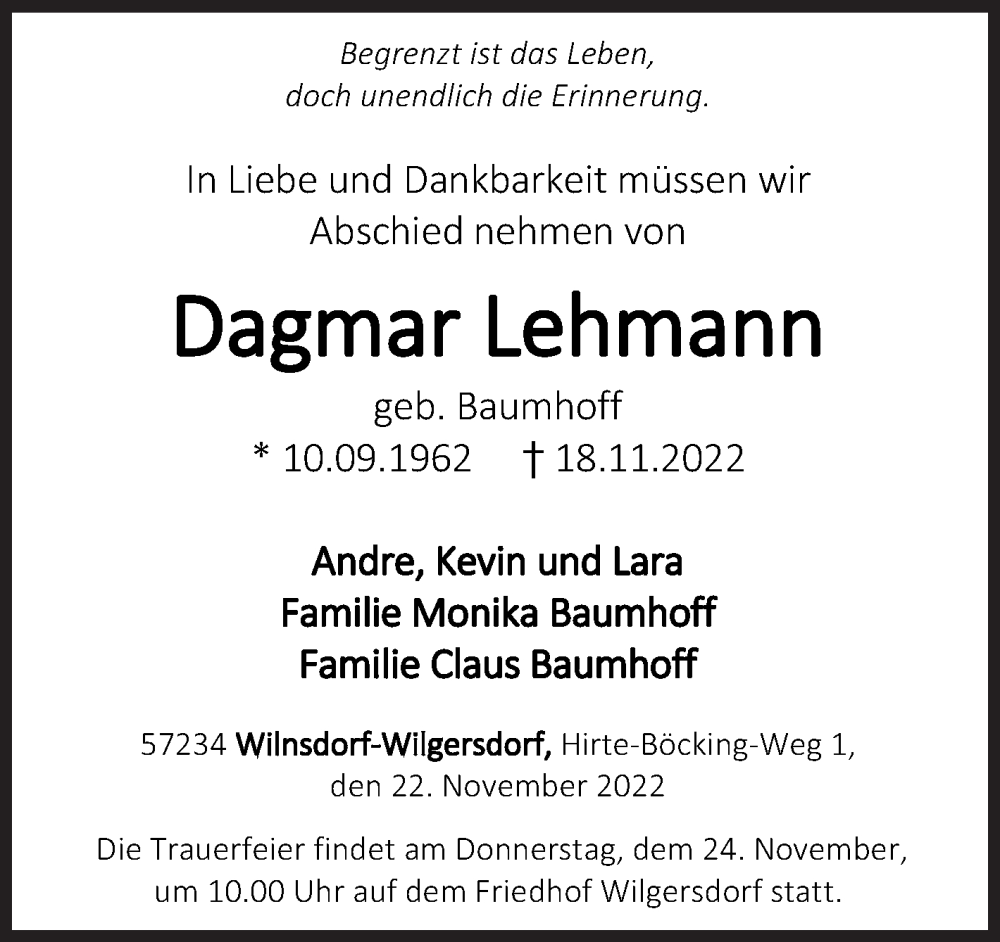  Traueranzeige für Dagmar Lehmann vom 22.11.2022 aus Siegener Zeitung