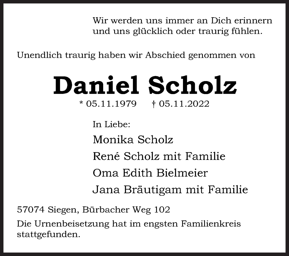  Traueranzeige für Daniel Scholz vom 17.11.2022 aus Siegener Zeitung