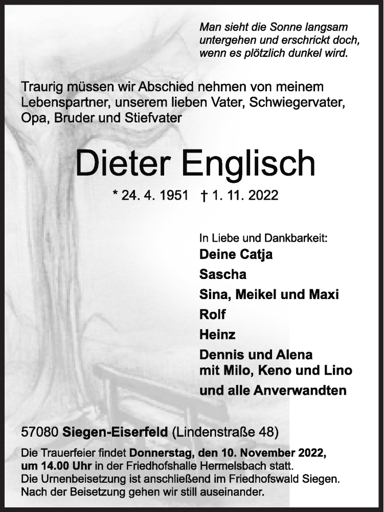  Traueranzeige für Dieter Englisch vom 05.11.2022 aus Siegener Zeitung