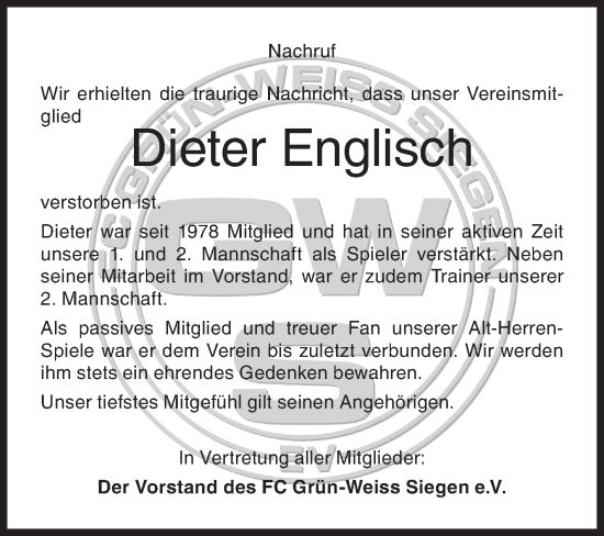 Traueranzeige von Dieter Englisch von Siegener Zeitung