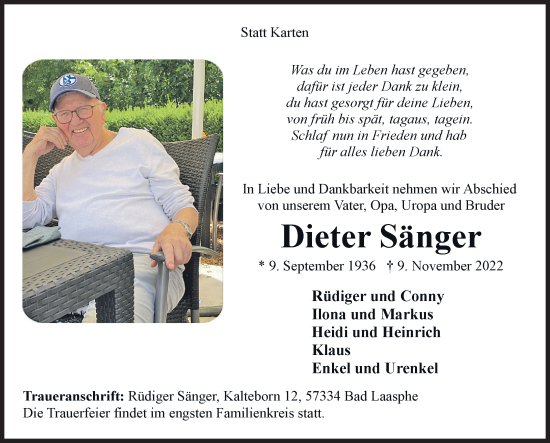 Traueranzeige von Dieter Sänger von Siegener Zeitung