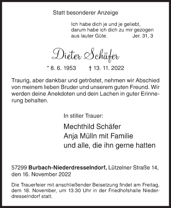 Traueranzeige von Dieter Schäfer von Siegener Zeitung