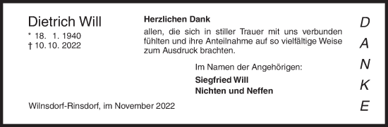 Traueranzeige von Dietrich Will von Siegener Zeitung