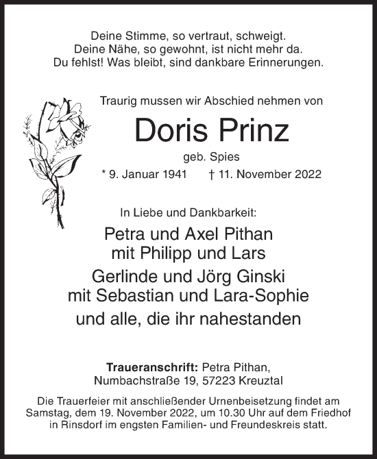 Traueranzeige von Doris Prinz von Siegener Zeitung