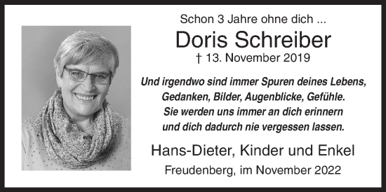 Traueranzeige von Doris Schreiber von Siegener Zeitung