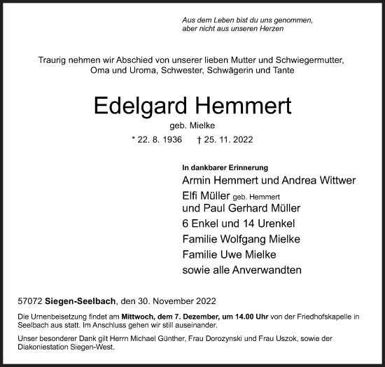 Traueranzeige von Edelgard Hemmert von Siegener Zeitung
