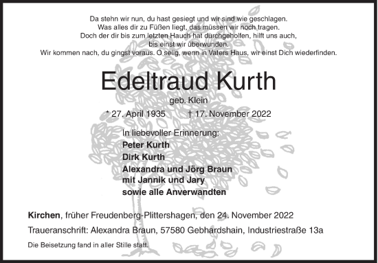 Traueranzeige von Edeltraud Kurth von Siegener Zeitung