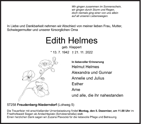 Traueranzeige von Edith Helmes von Siegener Zeitung