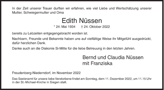 Traueranzeige von Edith Nüssen von Siegener Zeitung