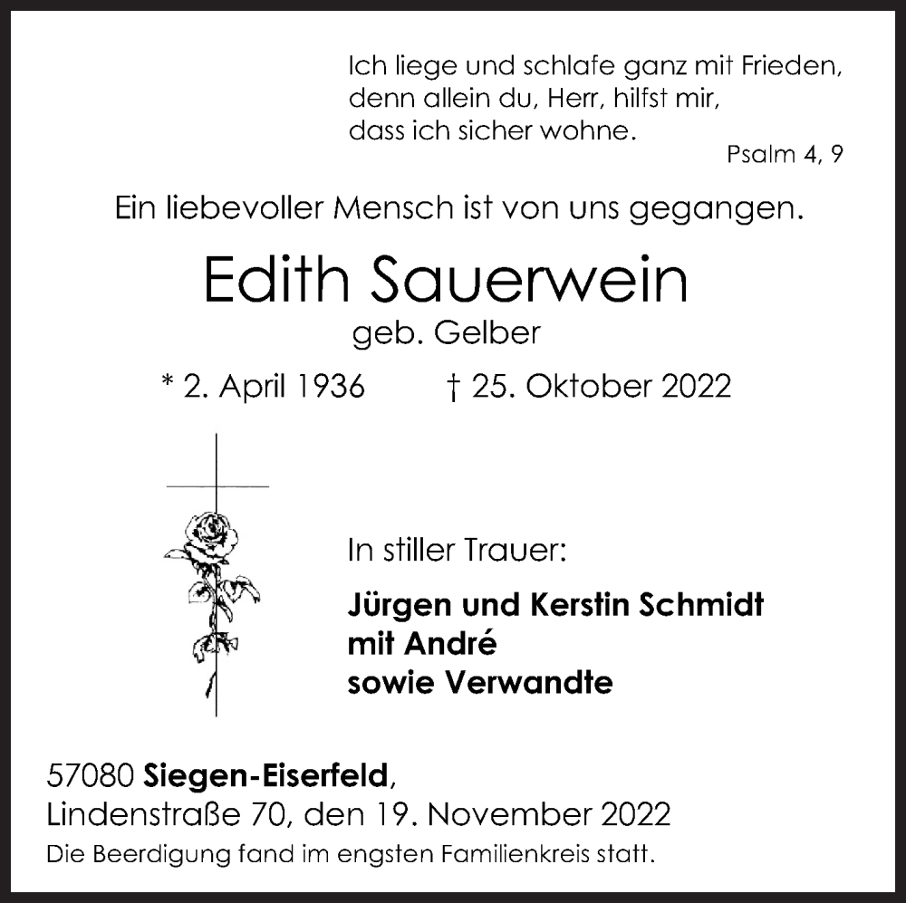 Traueranzeige für Edith Sauerwein vom 19.11.2022 aus Siegener Zeitung