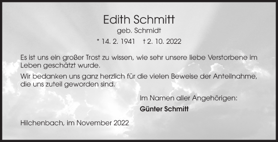 Traueranzeige von Edith Schmitt von Siegener Zeitung