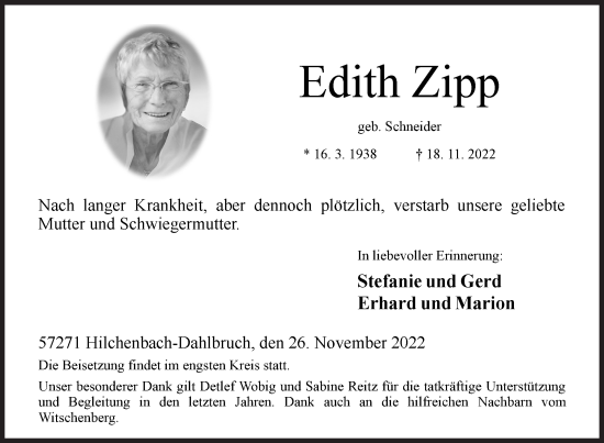 Traueranzeige von Edith Zipp von Siegener Zeitung