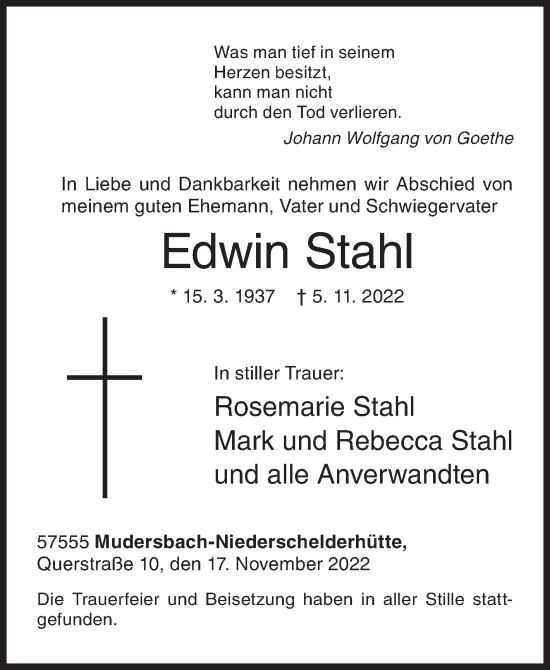 Traueranzeige von Edwin Stahl von Siegener Zeitung