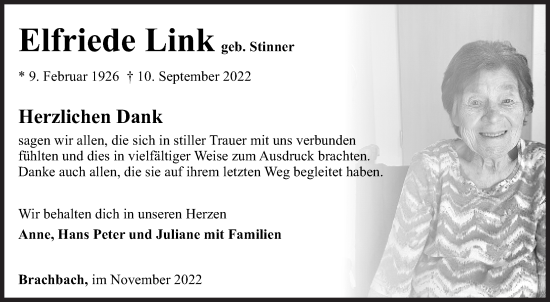 Traueranzeige von Elfriede Link von Siegener Zeitung