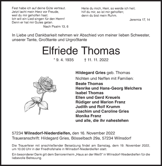 Traueranzeige von Elfriede Thomas von Siegener Zeitung