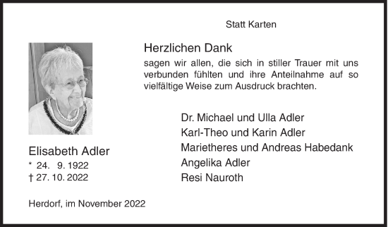 Traueranzeige von Elisabeth Adler von Siegener Zeitung