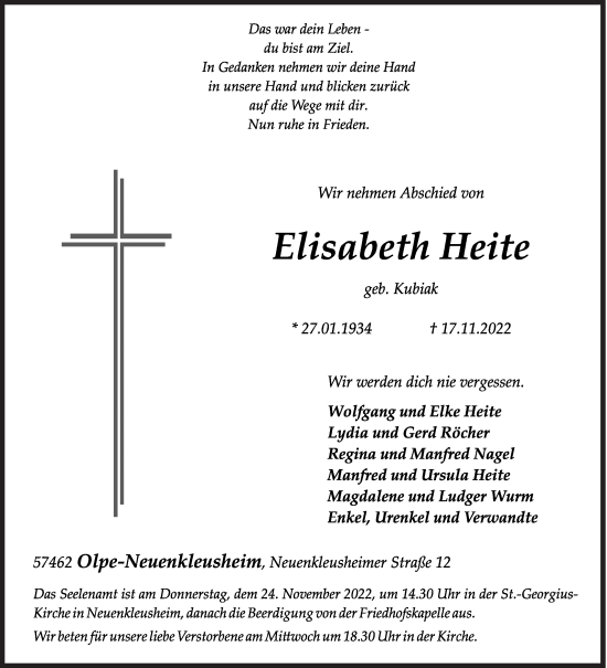 Traueranzeige von Elisabeth Heite von Siegener Zeitung