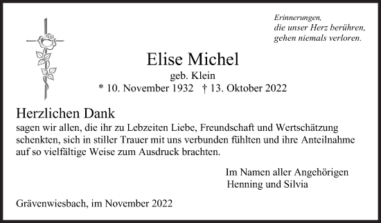 Traueranzeige von Elise Michel von Siegener Zeitung