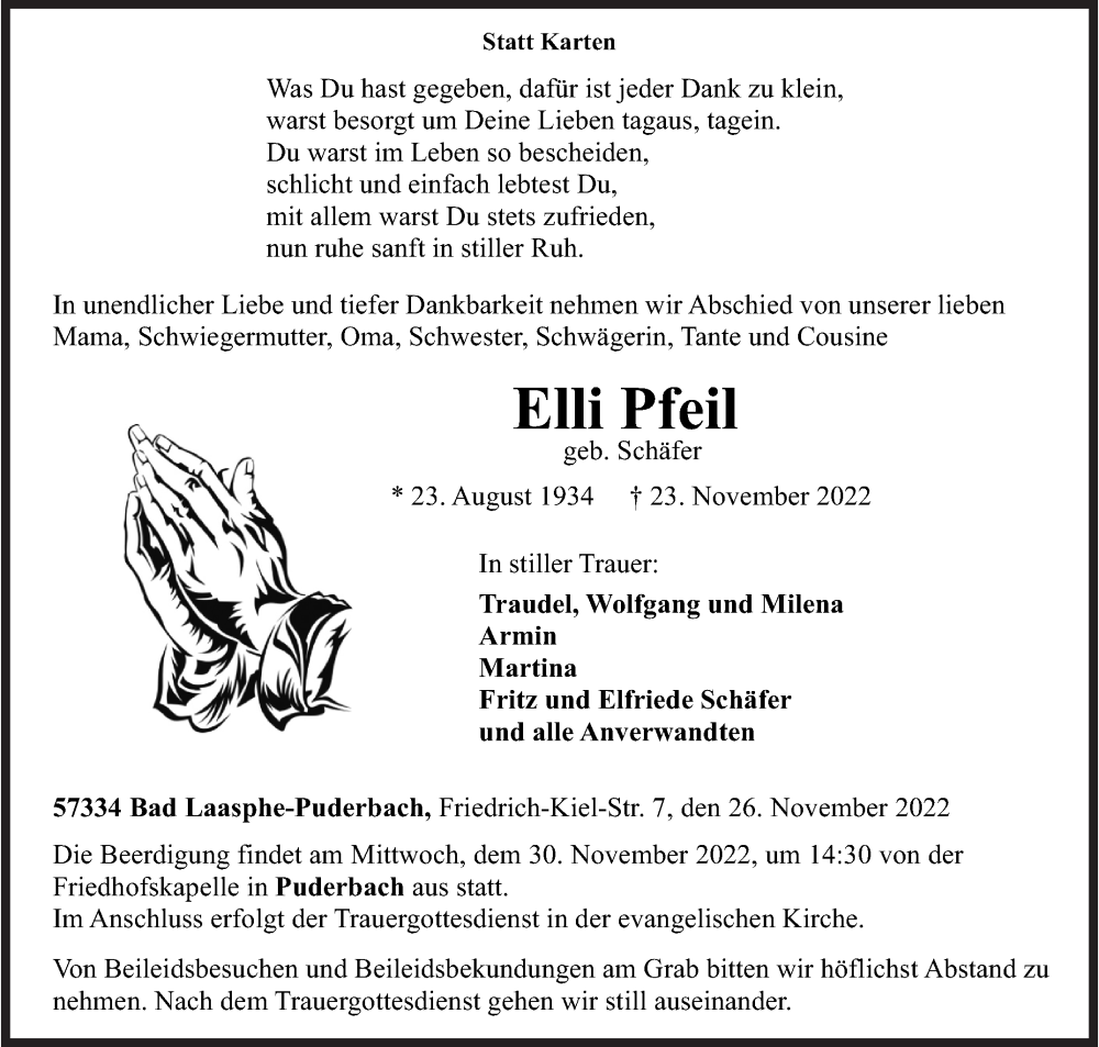  Traueranzeige für Elli Pfeil vom 26.11.2022 aus Siegener Zeitung