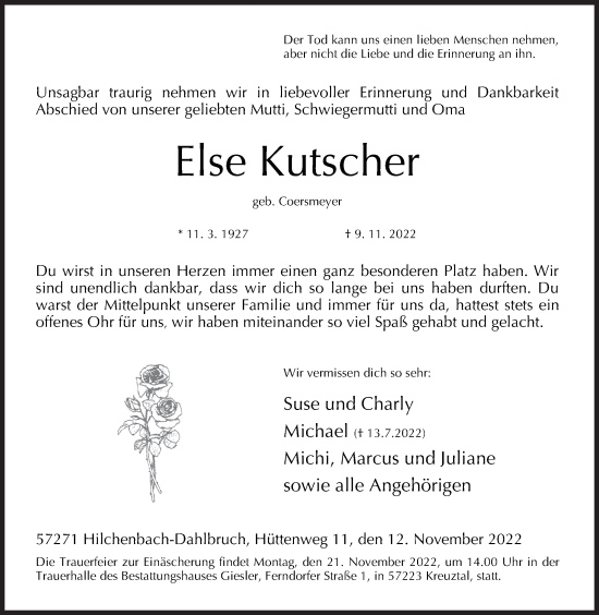 Traueranzeige von Else Kutscher von Siegener Zeitung