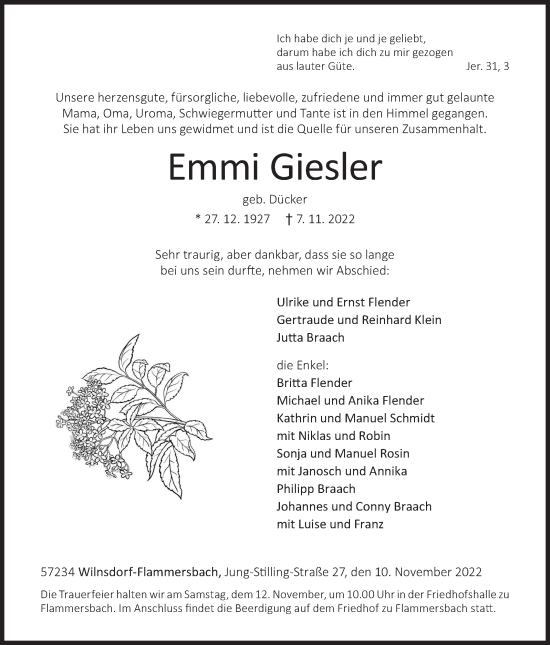 Traueranzeige von Emmi Giesler von Siegener Zeitung