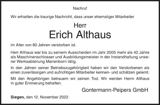 Traueranzeige von Erich Althaus von Siegener Zeitung