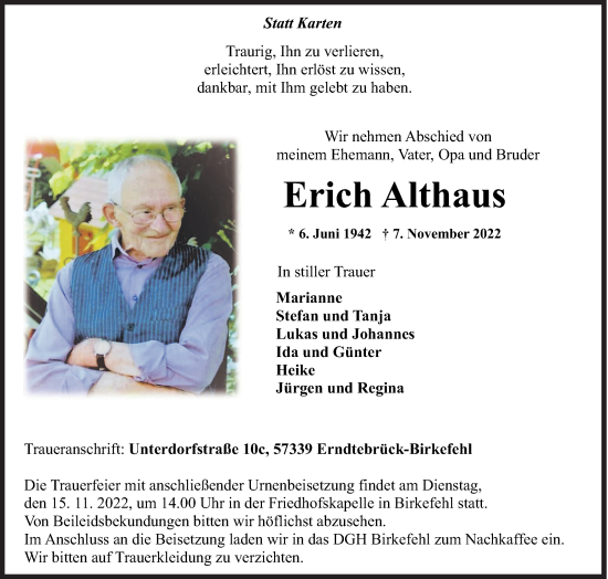 Traueranzeige von Erich Althaus von Siegener Zeitung
