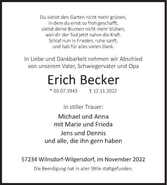 Traueranzeige von Erich Becker von Siegener Zeitung