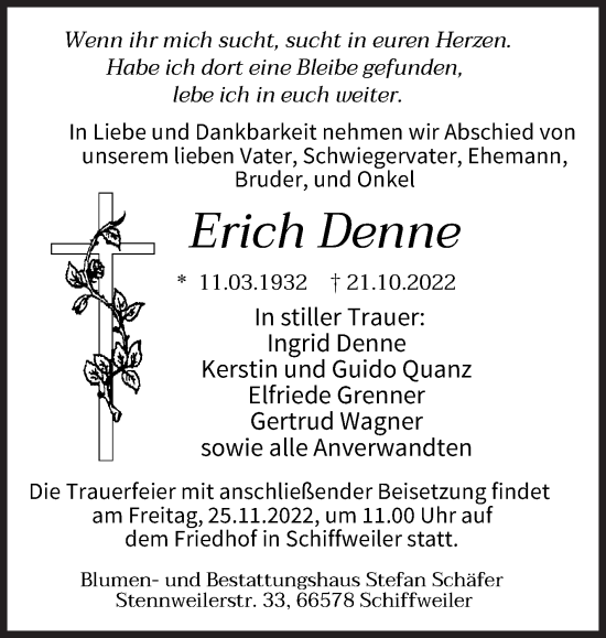 Traueranzeige von Erich Denne von Siegener Zeitung