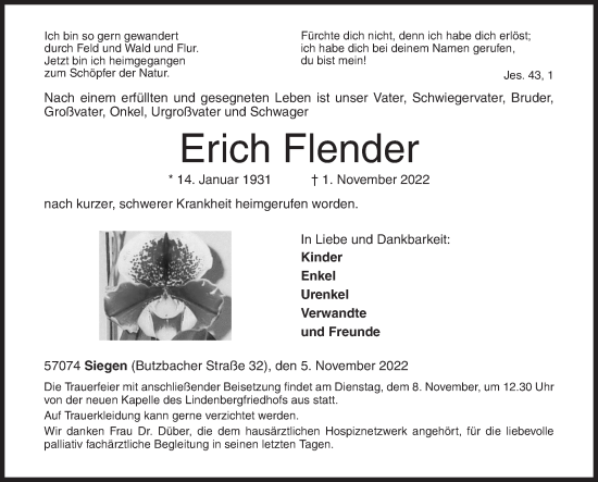 Traueranzeige von Erich Flender von Siegener Zeitung