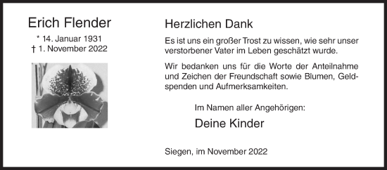 Traueranzeige von Erich Flender von Siegener Zeitung