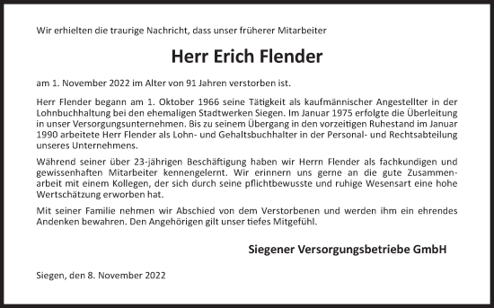 Traueranzeige von Erich Flender von Siegener Zeitung