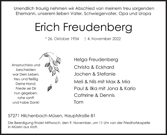 Traueranzeige von Erich Freudenberg von Siegener Zeitung