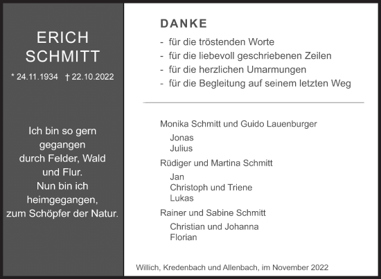 Traueranzeige von Erich Schmitt von Siegener Zeitung