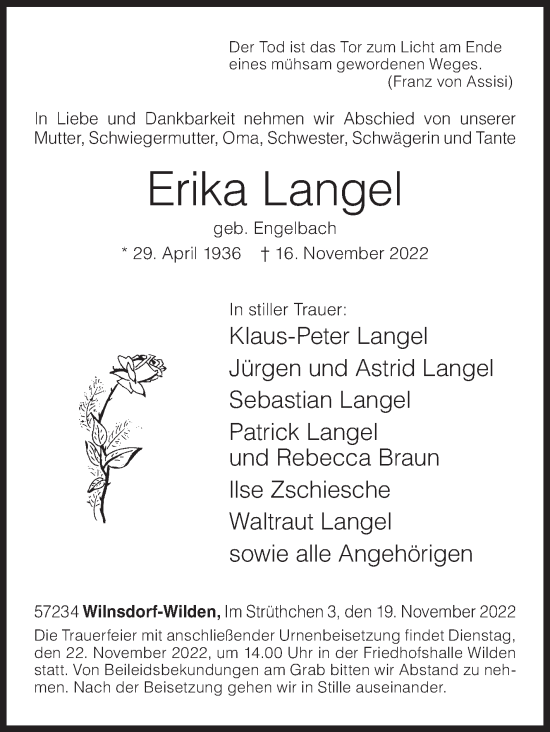 Traueranzeige von Erika Langel von Siegener Zeitung