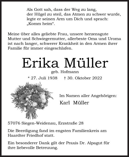 Traueranzeige von Erika Müller von Siegener Zeitung
